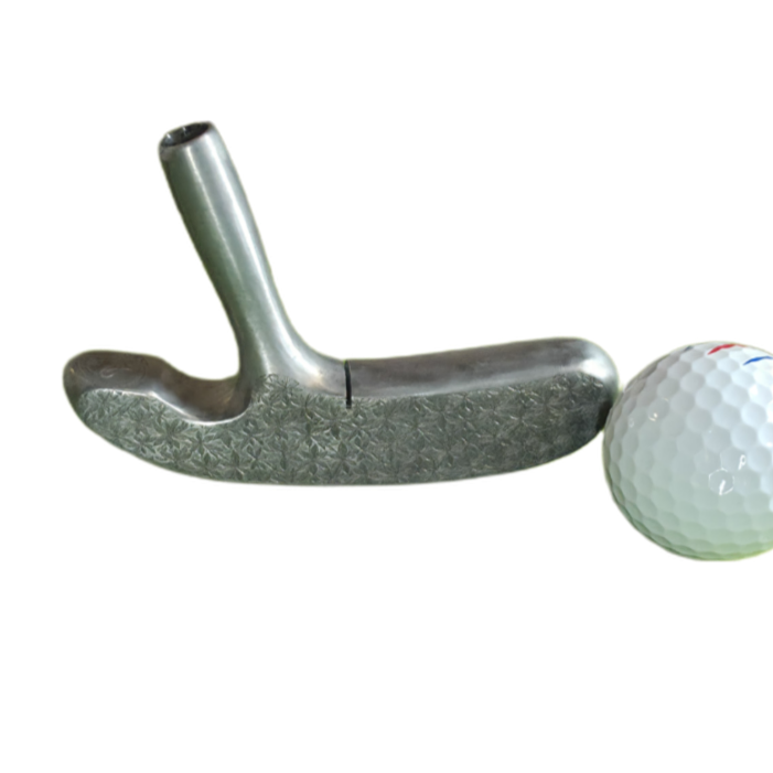 Golf putter and golf ball on a white background