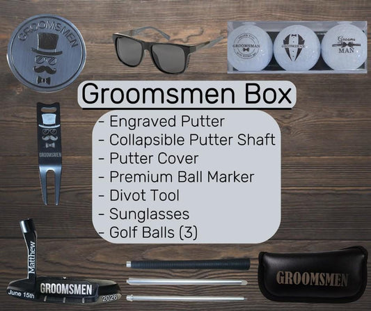 Personalized groomsmen and Best man golf gift box featuring a custom engraved putter with name and wedding date, premium sunglasses, metal divot tool, ball marker, and three golf balls. Perfect wedding party gift for golf-loving groomsmen, bachelor party favor, or last-minute wedding gift idea. All items are customizable except golf balls, with fast shipping available for urgent orders. Unique, practical, and memorable golf gift set for him.