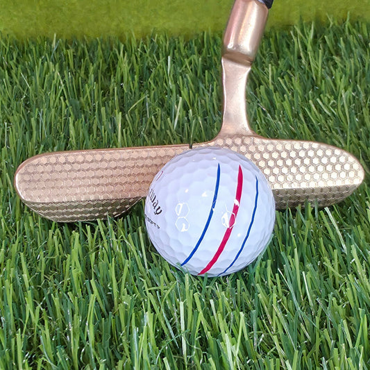 Golf putter and ball on a green grass surface