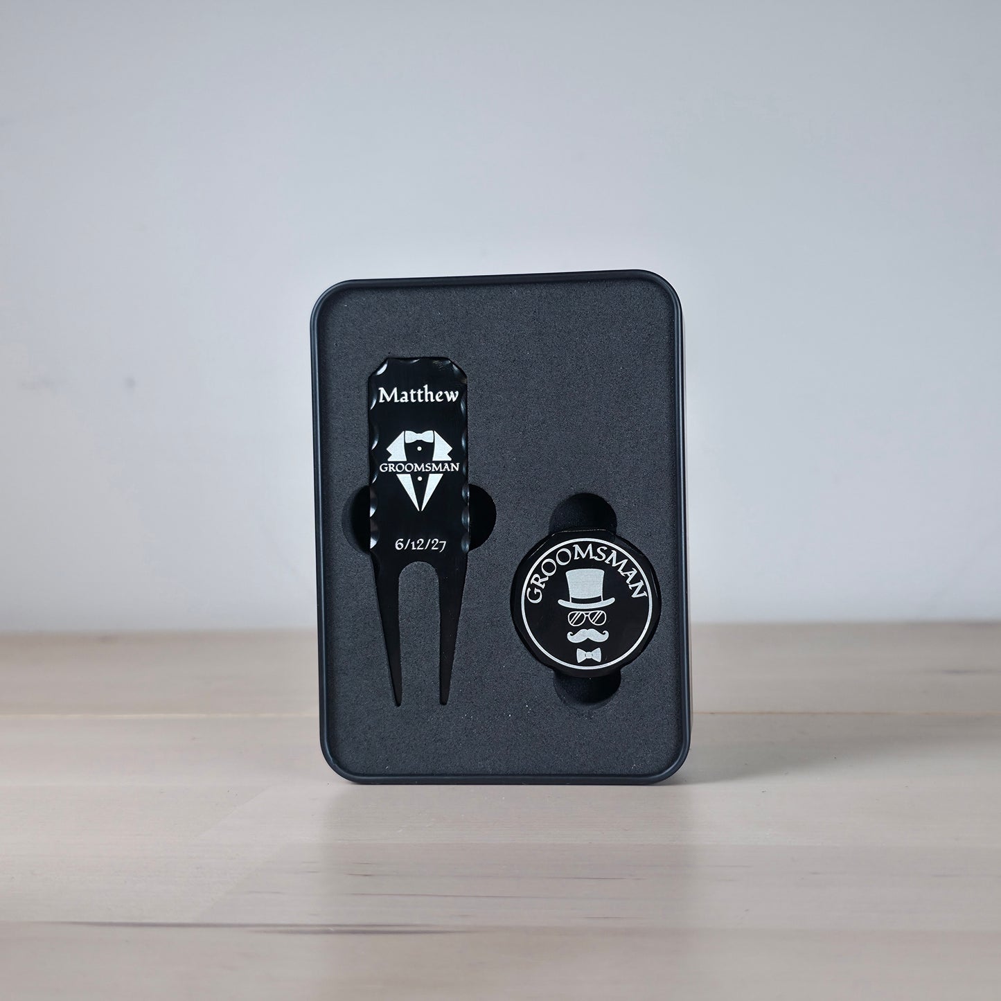 Custom Groomsman Golf Gift Set - Personalized Divot Tool, Ball Marker, Engraved Tin