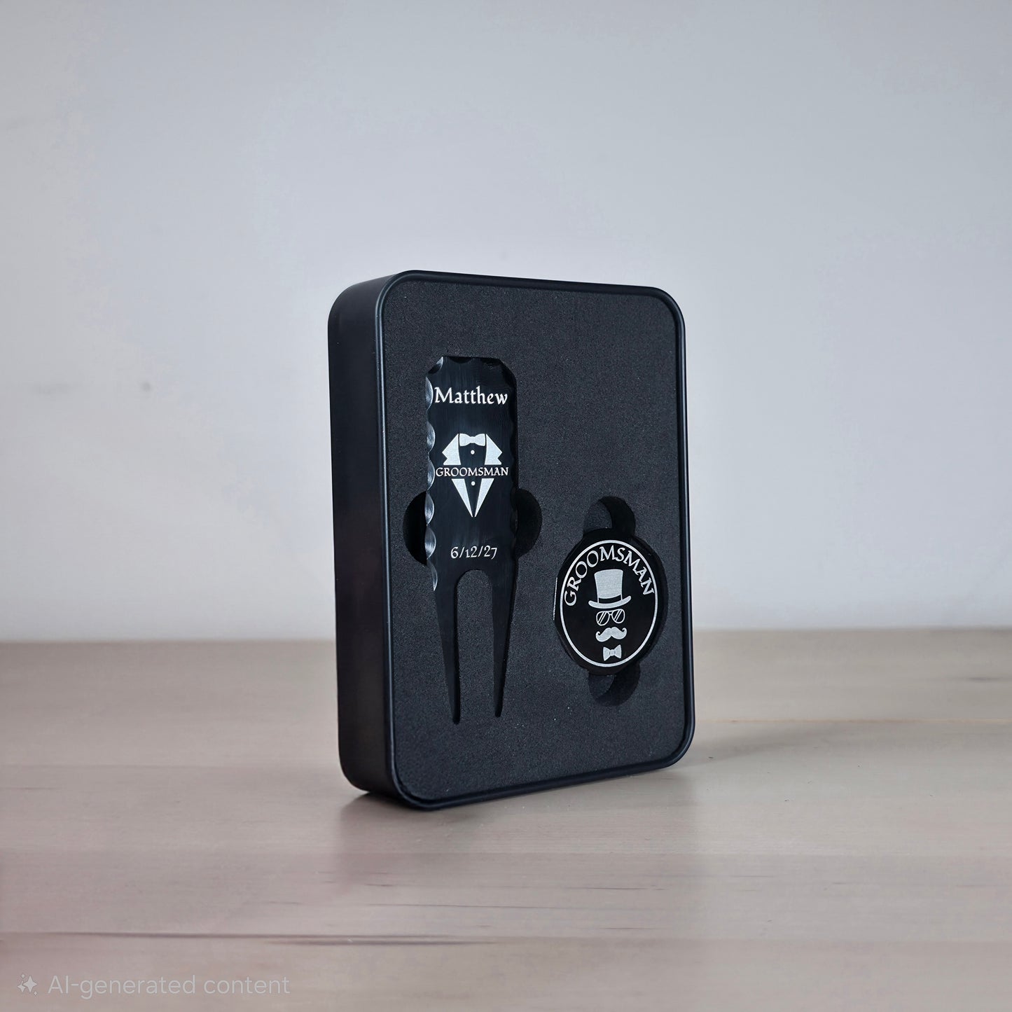 A black metal gift box containing two golf dividers and a round golf coin, displayed on a light wooden surface against a neutral gray background. A sleek, personalized black metal golf divot tool and ball marker set rests in a custom engraved tin box. The divot tool displays a tuxedo design,  GROOMSMAN. The round ball marker features a fun top hat, sunglasses, and mustache motif. Both items are securely nestled in a black foam insert. The matching matte black tin cover perfectly mirrors the elegant tuxedo d