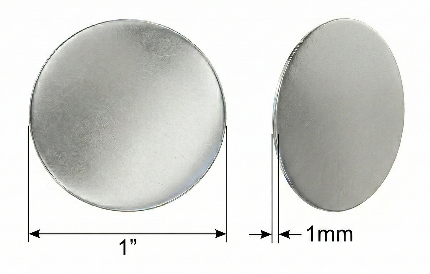 A technical dimension diagram showing two views of a round metallic button or stud: a front view labeled 1 inch wide and a side view labeled 1 millimeter thick, on a white background.