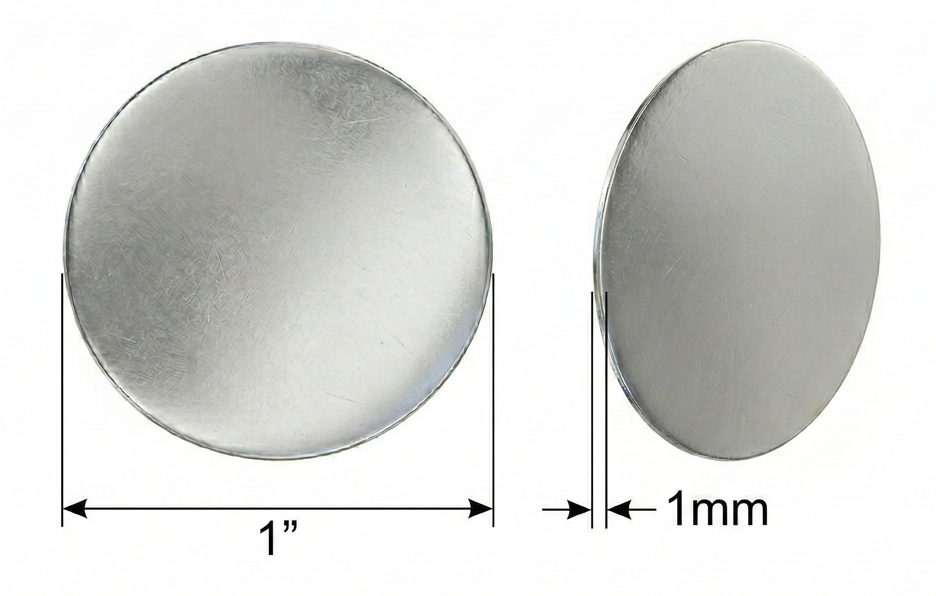 A technical dimension diagram showing two views of a round metallic button or stud: a front view labeled 1 inch wide and a side view labeled 1 millimeter thick, on a white background.
