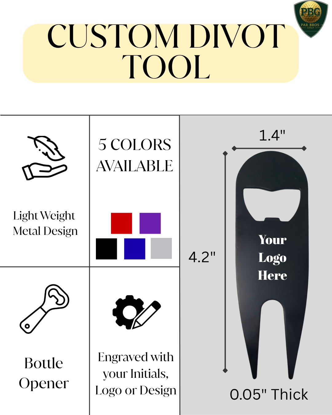 Custom Divot Tool with Bottle Opener; Avilable in Red, Black, Blue, Purple, Silver