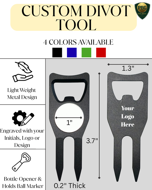 Custom Divot Tool with Bottle Opener and Ball Marker Holder; Available in Blue, Black, Red, Green