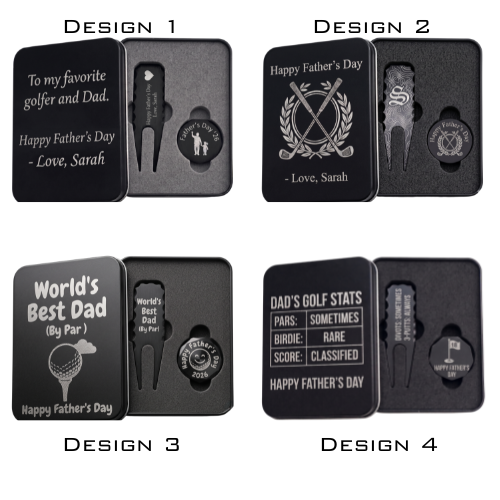 Black metal golf gift set for Father's Day in a custom engraved tin box. Inside sits a customized divot repair tool and a round ball marker resting in foam. Engraving options include sentimental quotes from kids, funny dad golf stats like three-putts, topographic patterns with initials, or classic crossed golf clubs. A perfect personalized fathers or grandpa gift for the golf course. The dark matte metal provides high contrast for the silver laser engraving, making the text pop nicely.