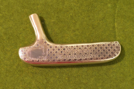 Front face of engraved golf putter head showing detailed Masters Tournament logos — ideal gift for golfers or golf collectors