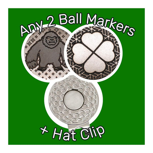May include: Golf ball markers and hat clip set. The set includes two round markers with a gorilla and a four-leaf clover design, and a golf ball-shaped hat clip. The text "Any 2 Ball Markers + Hat Clip" is displayed.
Custom golf ball markers, Personalized golf gifts, Stainless steel,  Magnetic hat clip markers, golf accessories, Alignment ball markers, Metal golf markers, Best golf ball markers,golf accessories, magnetic golf ball markers, Unique gift for golfers, Custom engraved golf
