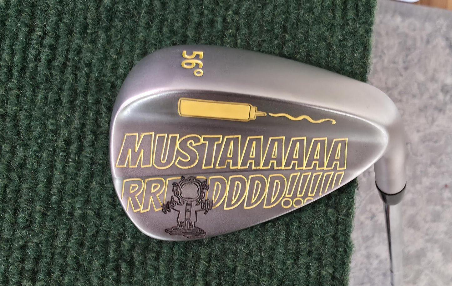Custom “Mustard” engraved 56-degree golf wedge featuring yellow laser engraving with a mustard bottle and bold “MUSTAAAARRRDD!!!” text. Funny personalized golf club for golfers, collectors, and gift giving. Perfect for Father’s Day, birthdays, or groomsmen. Durable steel wedge designed for both play and laughs, combining humor, performance, and unique custom engraving that stands out on the course.