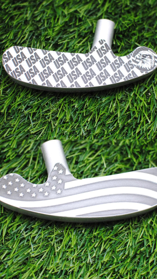 Custom engraved USA putter featuring American flag design on the back and “USA” pattern with a bald eagle on the face. Patriotic golf club perfect for players, collectors, and gift-giving. Unique laser engraved putter designed for performance and style. Ideal gift for Father’s Day, July 4th, Memorial Day, veterans, or military retirement. A one-of-a-kind patriotic golf accessory that combines precision craftsmanship with American pride. usa golf putter american flag putter engraved golf club USA
