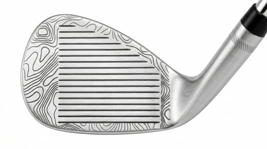 Custom laser-engraved Titleist Vokey SM8 golf wedge by Par Bros Golf, featuring a detailed, wrap-around topographic map pattern. The intricate artisan etching covers the steel clubhead, highlighting unique personalized craftsmanship. Titleist Vokey Design SM8 wedge with deep, intricate topographic map-style laser engraving covering the clubhead's surface. The 'BV' logo, 'SM8', and 'VOKEY DESIGN' markings are clearly visible on the brushed steel finish.