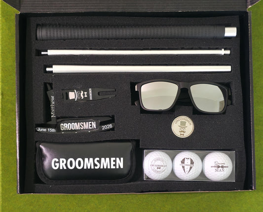 Personalized groomsmen and Best man golf gift box featuring a custom engraved putter with name and wedding date, premium sunglasses, metal divot tool, ball marker, and three golf balls. Perfect wedding party gift for golf-loving groomsmen, bachelor party favor, or last-minute wedding gift idea. All items are customizable except golf balls, with fast shipping available for urgent orders. Unique, practical, and memorable golf gift set for him.